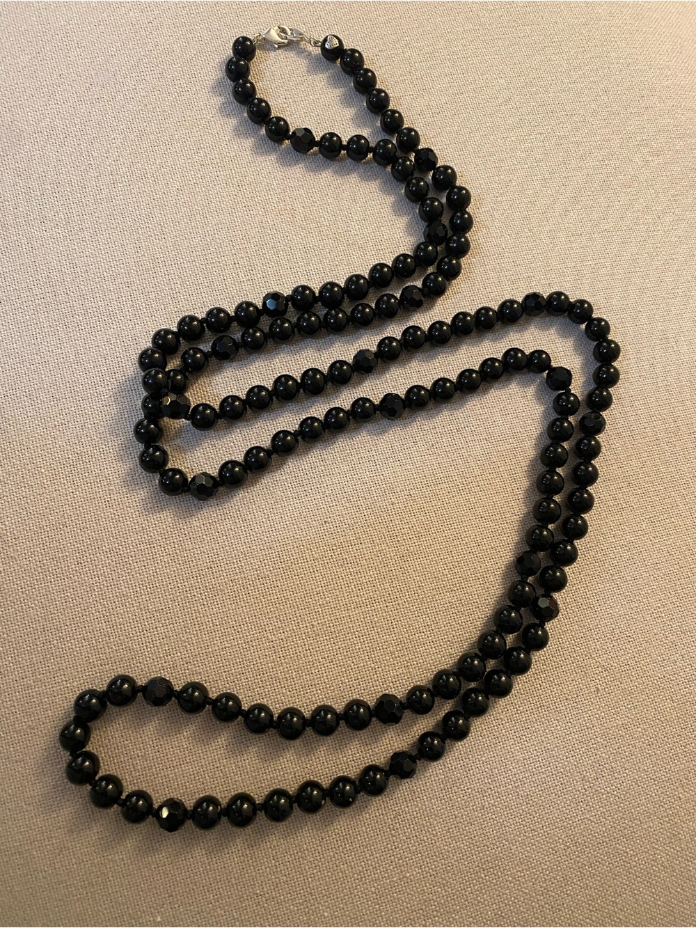 Vintage Black Beaded Purse Strap 60” Knotted Faceted Beads Lobster Clasp
